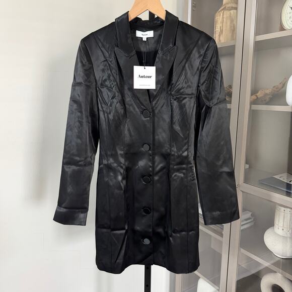 Auteur Satin Blazer Mini Dress NEW Black Button Up Long Sleeve Collared Small S - Picture 1 of 5